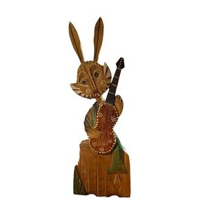 Large Vintage Ukrainian Hand Carved Handpainted Rabbit Hare Guitar Folk Art